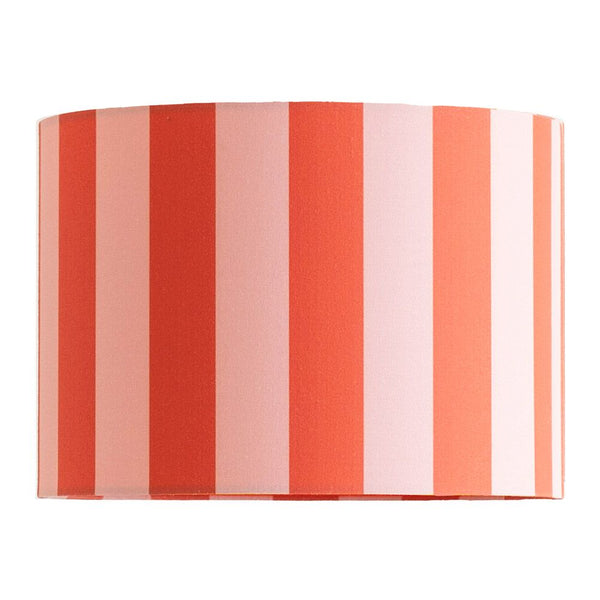 Rectangular lampshade with red, pink, and orange vertical stripes on a white background