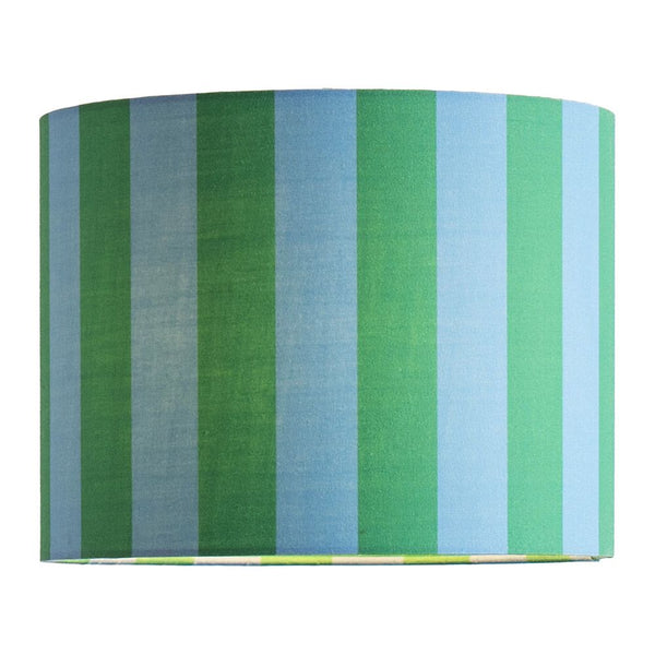 Striped lampshade with green and blue vertical stripes on a white background