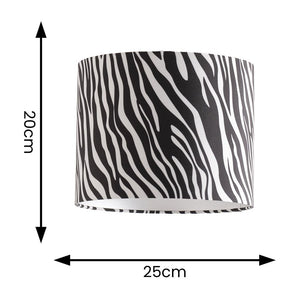 Zebra patterned lampshade with dimensions on a white background