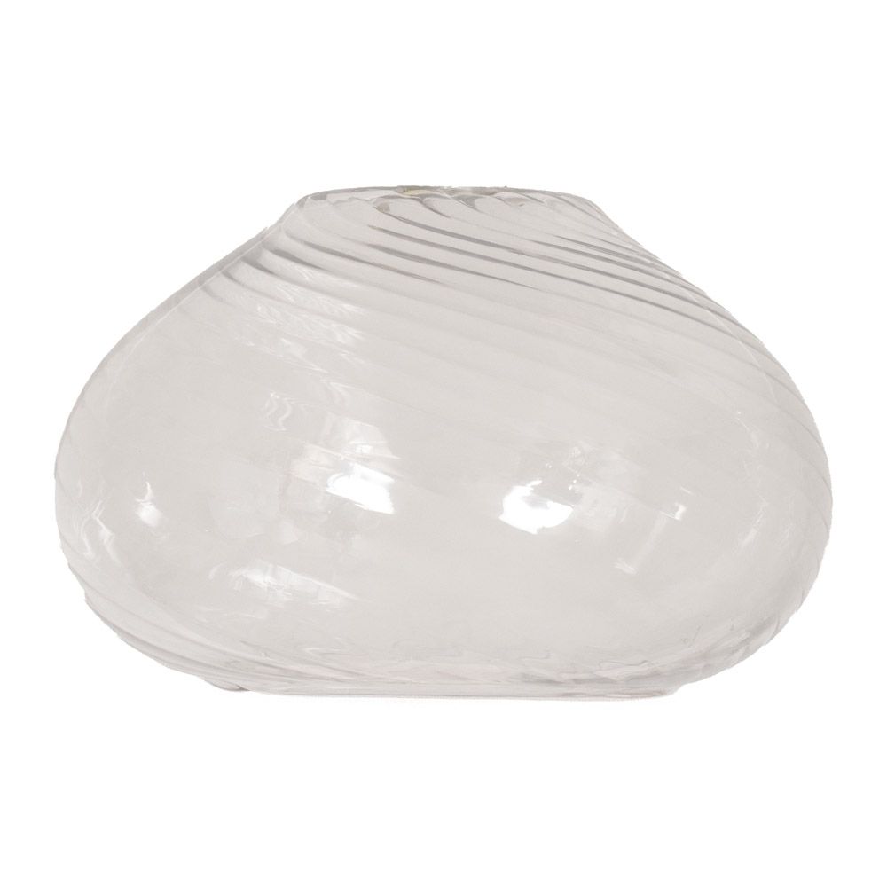 Clear glass pendant light with gold fixture on a plain background