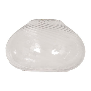 Clear glass vase with ribbed texture on a white background