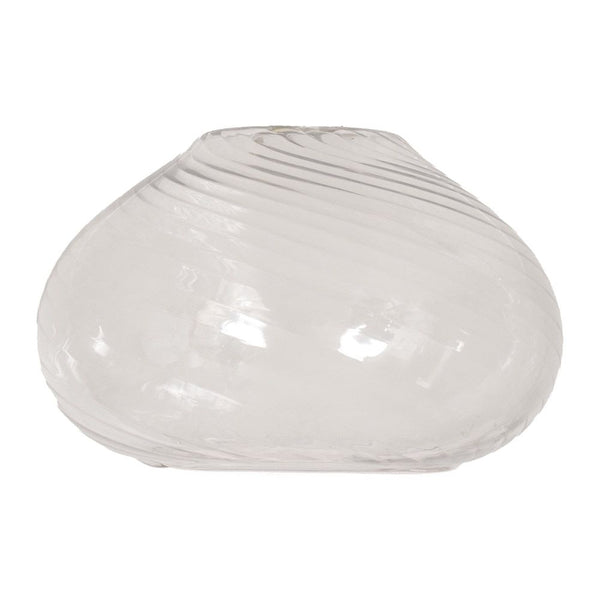 Clear glass vase with ribbed texture on a white background