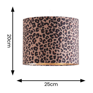 Leopard print lampshade with dimensions on a white background