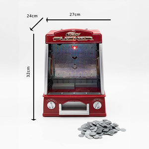 Red coin pusher arcade game with dimensions and coins on a white background