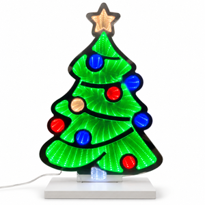 LED Christmas tree infinity light with multicoloured LEDs on white background.