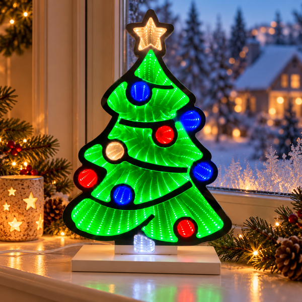 Christmas tree infinity light displayed on festive windowsill with snowy backdrop.