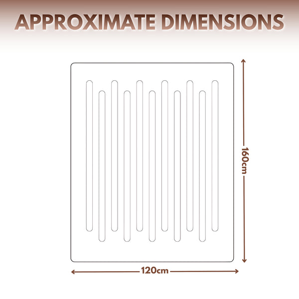 Approximate dimensions diagram showing a rectangular sheet with ten vertical slots, labeled 120cm wide and 160cm tall, on a white background with brown text.