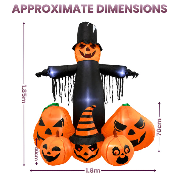 Inflatable Halloween scarecrow and jack-o'-lantern set with approximate dimensions shown on a white background, including text labels for height and width.