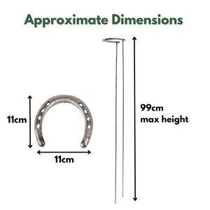 Approximate dimensions diagram showing a silver horseshoe-shaped item labeled 11cm by 11cm, and two long thin stakes labeled 99cm max height, on a white background with the heading 'Approximate Dimensions'.