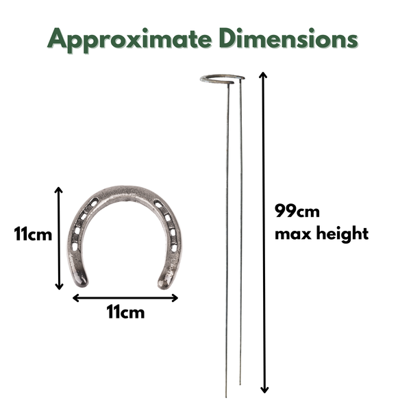 Approximate dimensions diagram showing a silver horseshoe-shaped item labeled 11cm by 11cm, and two long thin stakes labeled 99cm max height, on a white background with the heading 'Approximate Dimensions'.
