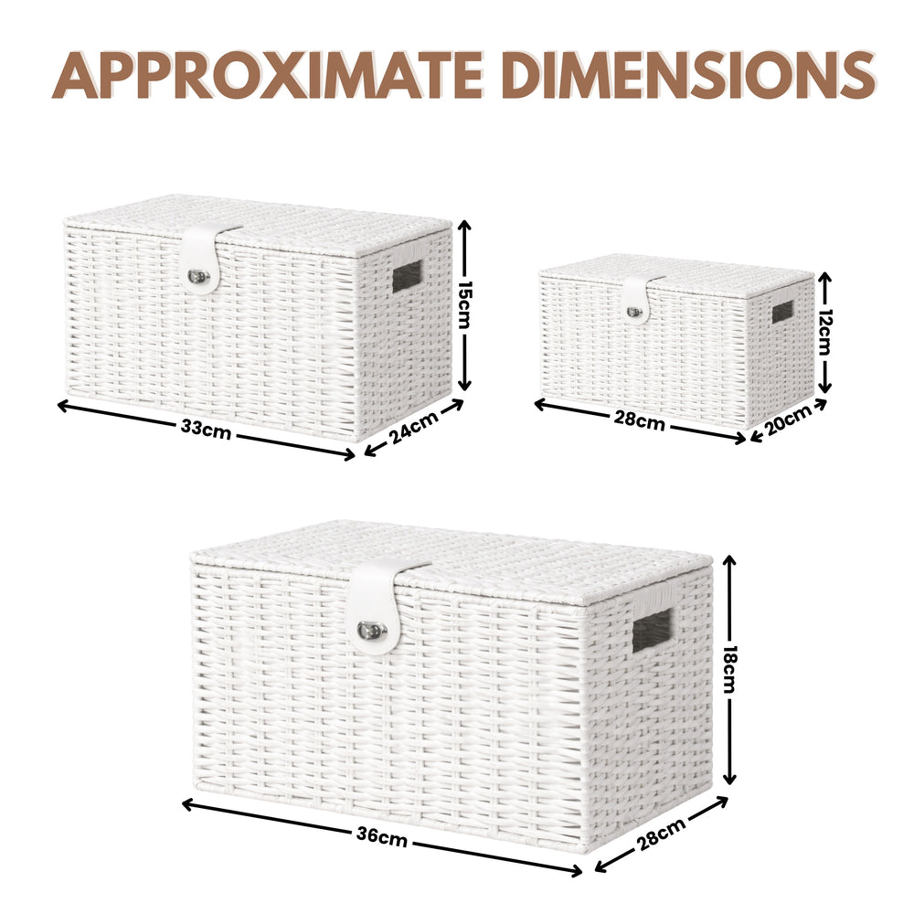 3 White Wicker Storage Baskets Woven Hamper Storage Boxes