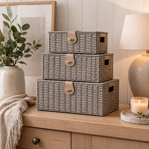 3 Grey Wicker Storage Baskets – Resin Woven Hamper Storage Boxes