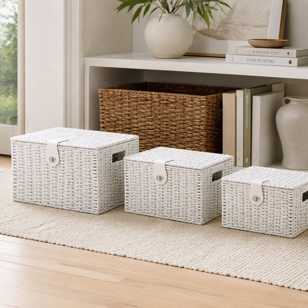 3 White Wicker Storage Baskets Woven Hamper Storage Boxes