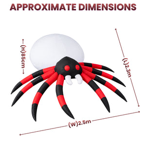 Inflatable spider decoration with approximate dimensions shown on a white background, featuring a white body, black head, and red-and-black striped legs.