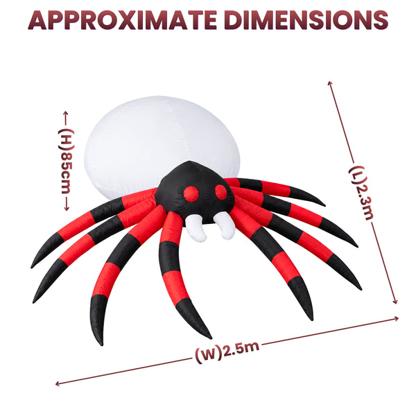 Inflatable spider decoration with approximate dimensions shown on a white background, featuring a white body, black head, and red-and-black striped legs.