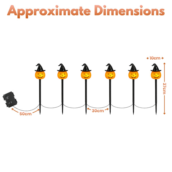 Approximate dimensions diagram for a Halloween yard stake light set, showing six orange pumpkin-shaped lights with black witch hats on black stakes, plus a black power adapter and measurement labels.