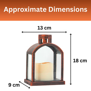 An arched lantern-shaped candle holder with a dark brown wood-look frame and a cream-colored candle inside, shown with dimension labels reading 13 cm width, 18 cm height, and 9 cm depth on a white background with an orange header that says 'Approximate Dimensions'.