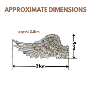 Approximate dimensions diagram of a decorative wing ornament on a white background, with text showing depth 2.5cm, width 21cm, and height 9cm.