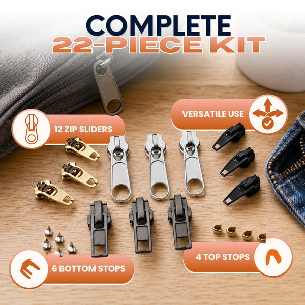 22 Piece Zipper Repair Kit for Jackets, Jeans, Bags & Broken Zip Fixes