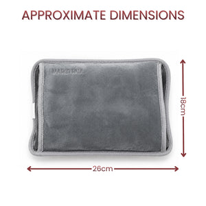 A gray fabric pouch or sleeve shown on a white background with red dimension arrows and text reading 'APPROXIMATE DIMENSIONS', 26cm wide and 18cm tall, plus the brand name MARGADU visible on the product.