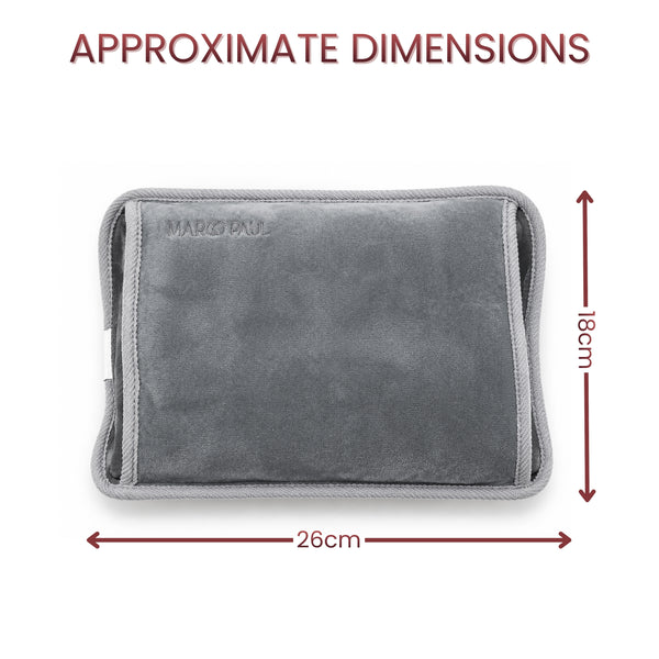 A gray fabric pouch or sleeve shown on a white background with red dimension arrows and text reading 'APPROXIMATE DIMENSIONS', 26cm wide and 18cm tall, plus the brand name MARGADU visible on the product.