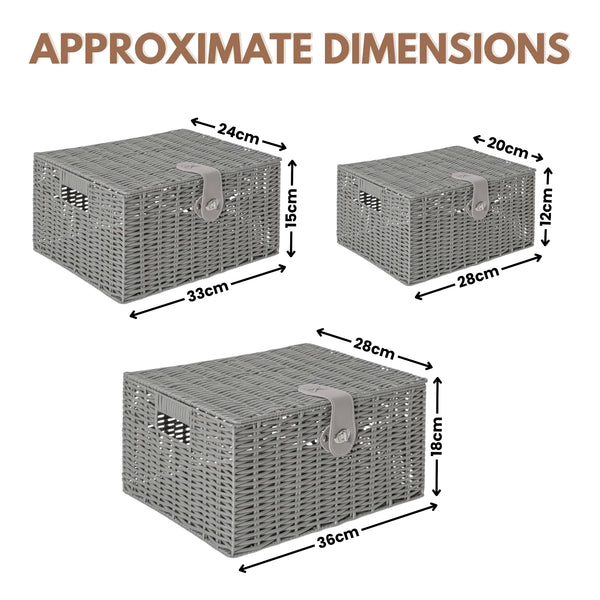3 Grey Wicker Storage Baskets – Resin Woven Hamper Storage Boxes