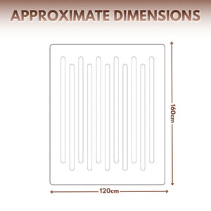 Approximate dimensions diagram showing a rectangular sheet with ten vertical slots, labeled 120cm wide and 160cm tall, on a white background with brown text.