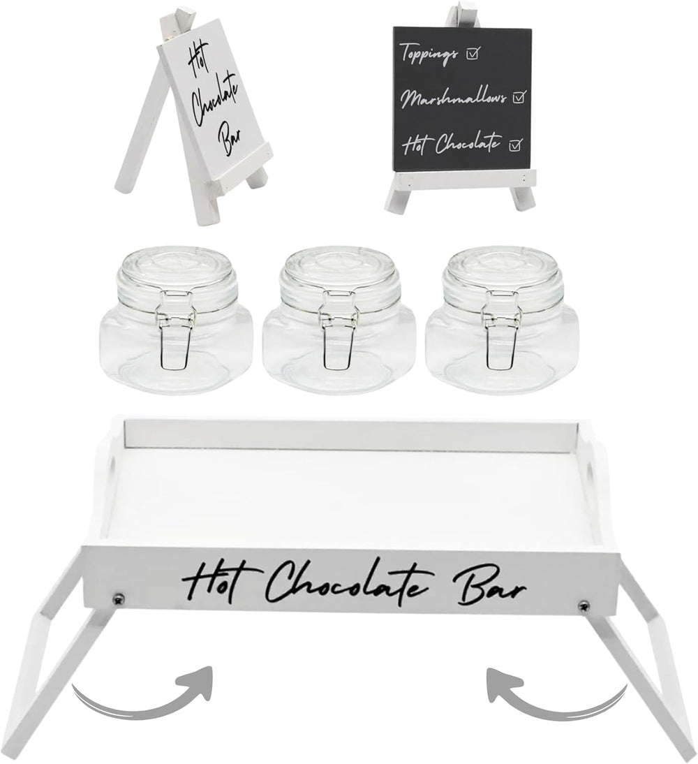 Hot chocolate tea and coffee station with glass jars