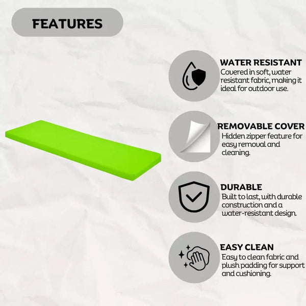 Waterproof bench seat cushion displayed on outdoor furniture