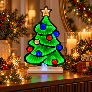 Multicoloured LED Christmas tree decoration displayed with festive candles and presents.