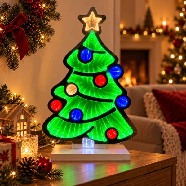 Light up Christmas tree with 3D infinity effect in cosy living room.