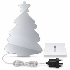 Mirrored Christmas tree infinity light with separate white base and UK plug.