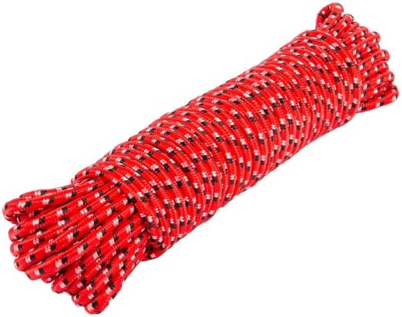 Red polypropylene braided rope on storage reel.