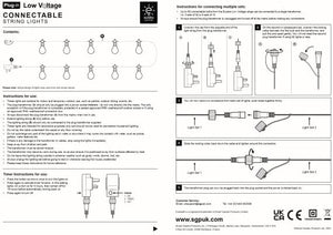 Instructions for connecting low voltage string lights with diagrams and text.