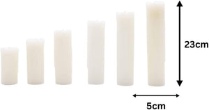 Set of white cylindrical candles with measurements on a white background
