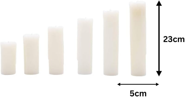 Set of white cylindrical candles with measurements on a white background