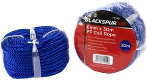 Blue rope coil with packaging labeled 'Blackspur' on a white background