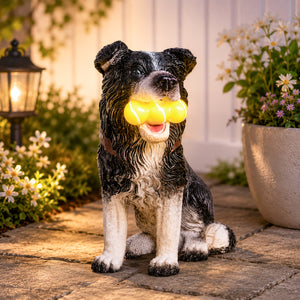 Solar dog ornament illuminated after dark