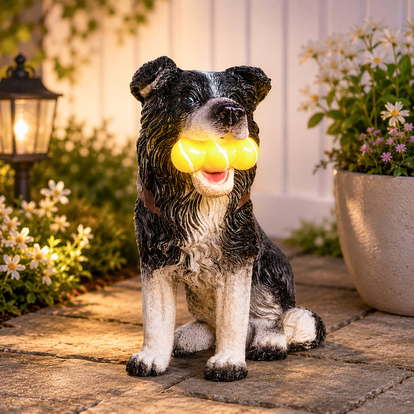 Solar dog ornament illuminated after dark