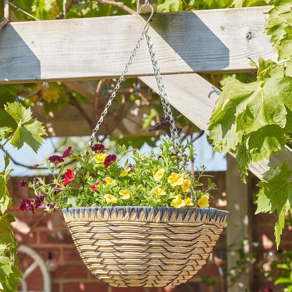 Brown 35cm faux rattan hanging basket planter