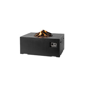 Black rectangular fire pit table with flames on a white background