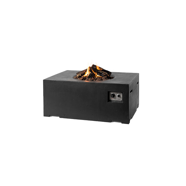 Black rectangular fire pit table with flames on a white background