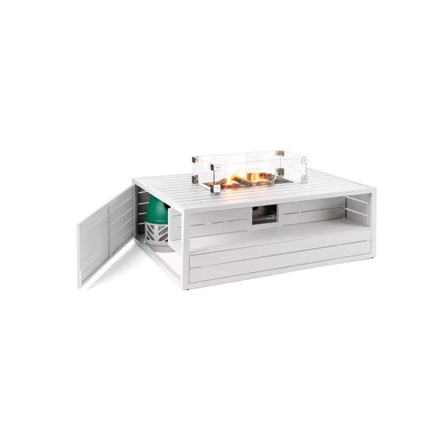 White outdoor fire pit table with storage compartments on a white background
