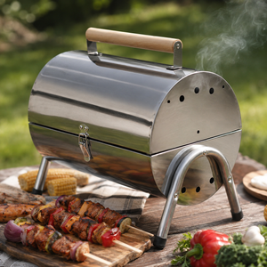 Portable Barrel Stainless Steel BBQ Garden Camping Picnic Charcoal Grill Table