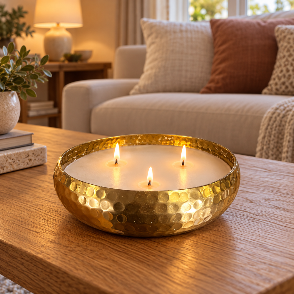 A hammered gold metal candle holder containing three lit white candles, placed in a warm toned living room.