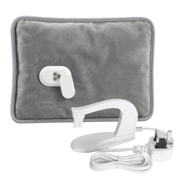 A gray heated pad with a white control switch, shown with its white power cord and plug on a plain white background.
