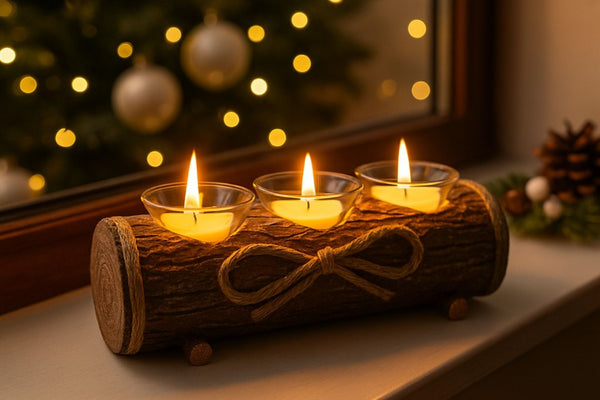 Rustic Log Tea-Light Candle Holder