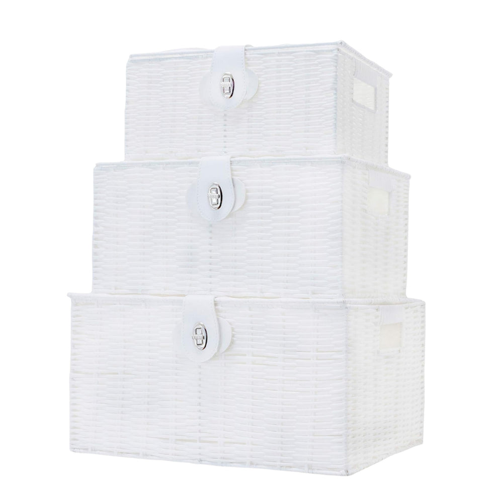 3 White Wicker Storage Baskets Woven Hamper Storage Boxes
