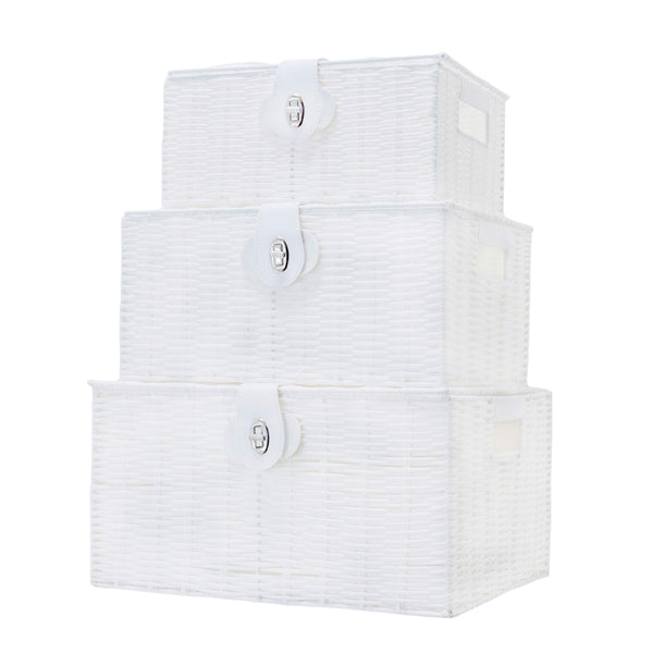 3 White Wicker Storage Baskets Woven Hamper Storage Boxes