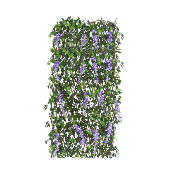 A vertical artificial wisteria vine wall decal with green leaves and purple wisteria flowers, isolated on a white background.